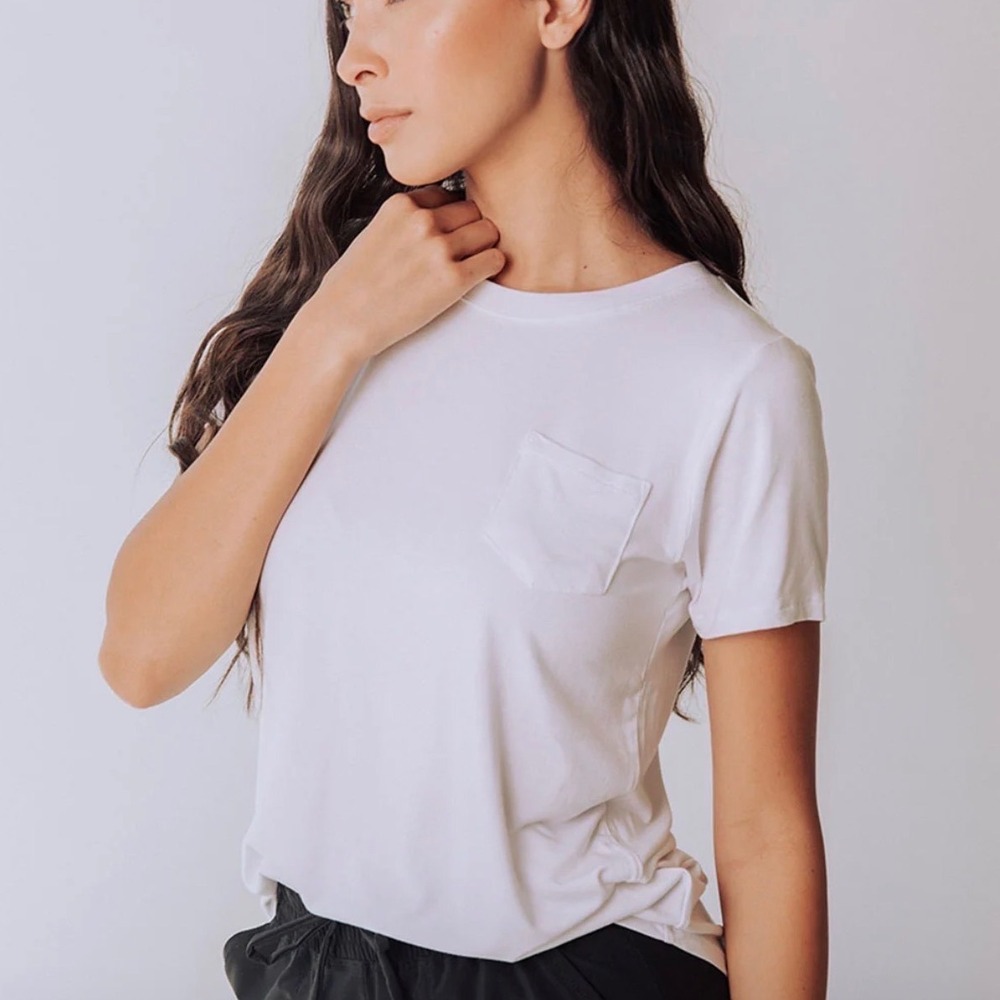 Albion Womens White Bamboo Rayon Pocket Minimalist Basic Layering Tee Size S